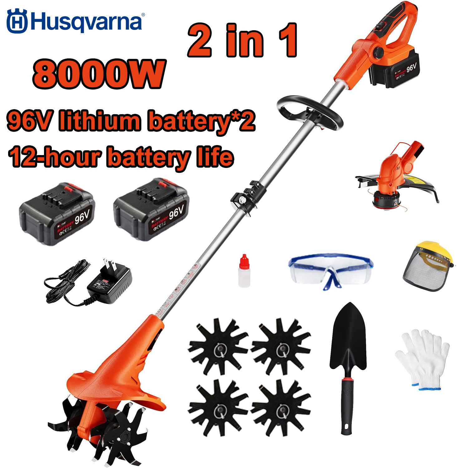 Cultivador elétrico 2 em 1 de 8000 W + 1 cabeça de corte + bateria de 296 V + lâmina de cultivador de carregamento rápido + conjunto completo de acessórios