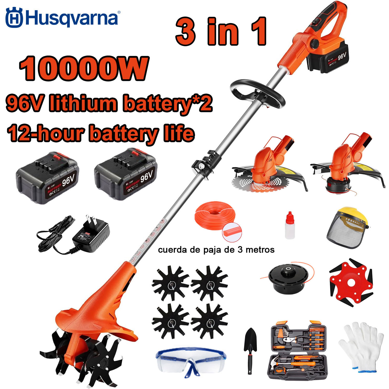 Cultivador 3 em 1 de 10000 W de potência (para cortar relva, cultivar o solo, aparar relva) + bateria de 96 V com 2+ carregamento rápido + faca cultivadora + cabeça de corte + linha de corte de 3 m * 3+ corta-relva * 6 + conjunto completo de acessórios