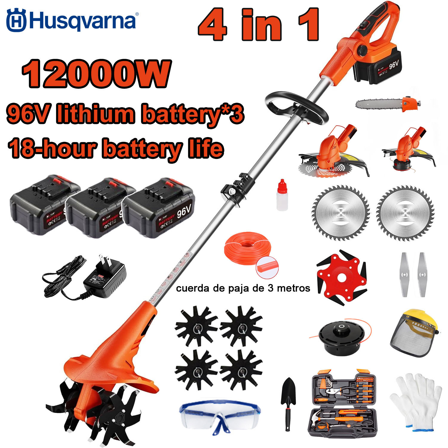 Cultivador elétrico 4 em 1 de 12000 W (para cortar relva, aparar árvores, cultivar o solo, etc.) Bateria de 96 V * 3 + carregador rápido + cultivador + cabeça de corte + linha de corte de 3 m * 3 + lâmina de serra de liga + lâmina * 6 + lâmina reta + conjunto completo de acessórios