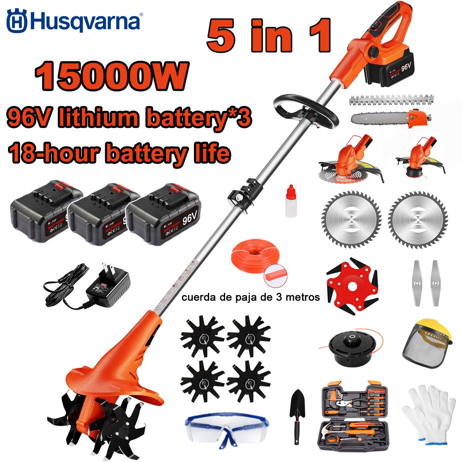 Cultivador elétrico 5 em 1 de 15000 W (para cortar relva, aparar árvores, cultivar o solo, etc.) Bateria de 96 V * 3 + carregador rápido + cultivador + cabeça de corte + linha de corte de 3 m * 3 + lâmina de serra de liga + lâmina * 6 + lâmina reta + conjunto completo de acessórios