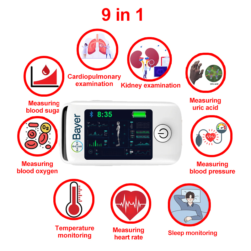 9 em 1 (medição não invasiva da glicemia + ácido úrico + oxigénio no sangue + frequência cardíaca + pressão arterial + monitorização do sono + monitorização da temperatura corporal + exame cardiopulmonar + exame renal)