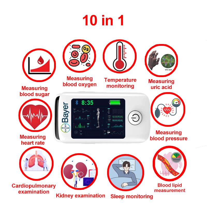 10 em 1 (medição não invasiva da glicemia + ácido úrico + oxigénio no sangue + frequência cardíaca + pressão arterial + monitorização do sono + monitorização da temperatura corporal + exame cardiopulmonar + exame renal + medição dos lípidos no sangue)