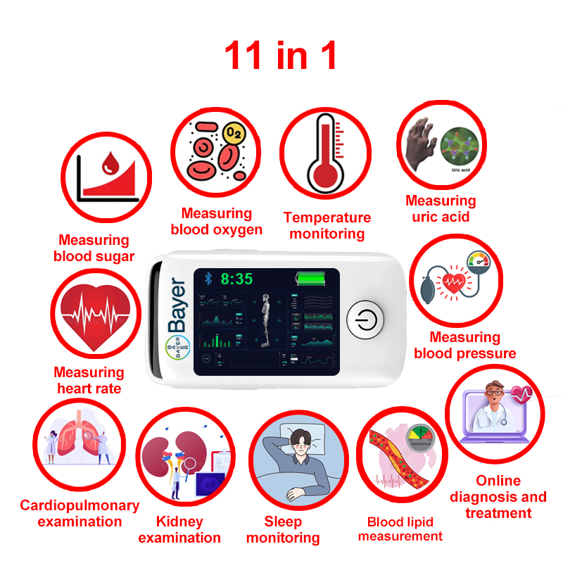 11 em 1 (medição não invasiva da glicemia + ácido úrico + oxigénio no sangue + frequência cardíaca + pressão arterial + monitorização do sono + monitorização da temperatura corporal + exame cardiopulmonar + exame renal + medição de lípidos no sangue + diagnóstico e tratamento online)